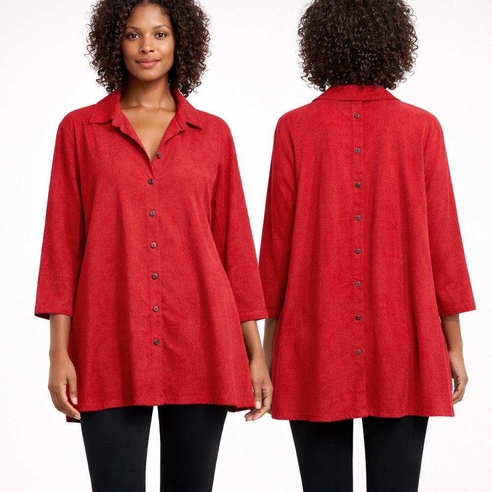 Toofan Red Button Front Tunic Top 3/4 Sleeve Flare Hem XL